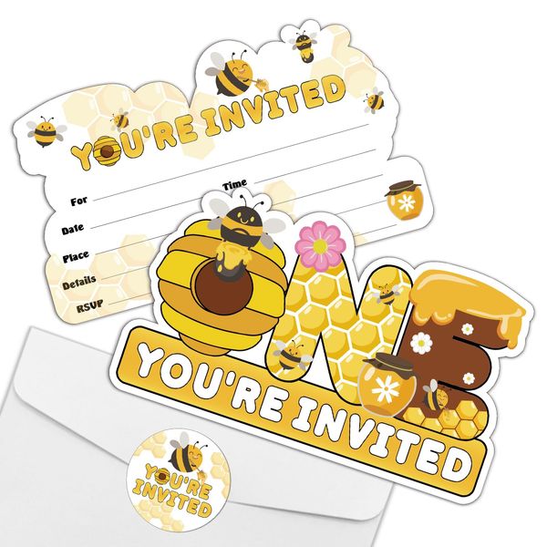 REWIDPARTY Bee 1st Birthday Party Invitations with Envelopes & Stickers（Set of 15） Bee Theme Shaped Fill-in Invitations One Year Old Invites Cards Bee Birthday Baby Shower Party Supplies for Kids