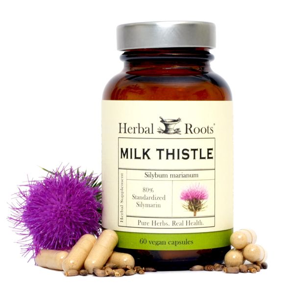 Herbal Roots Milk Thistle Capsules | Extra Strength 80% Silymarin Herbal Supplement | Made with Pure Organic Milk Thistle | Vegan and GMO Free