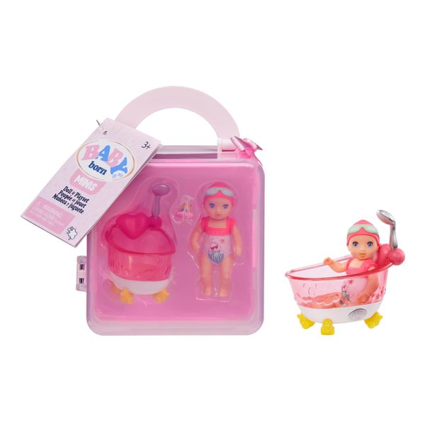 Baby Born MINIS Playset - Light Skin Tone Doll with Blue Eyes, Bathtub & Rubber Duck Accessory, Includes Reusable Carrying Case for On-The-Go Playtime