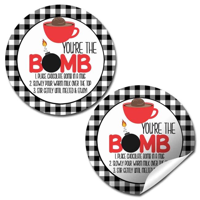 You're The Bomb Red Mug with Buffalo Plaid Border All-Occasion Hot Cocoa Bomb Sticker Labels, 40 2" Circle Stickers by AmandaCreation