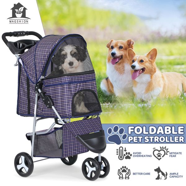 3 Wheels Foldable Pet Dog Stroller Portable Dog Cage Travel Carrier w/Cup Holder