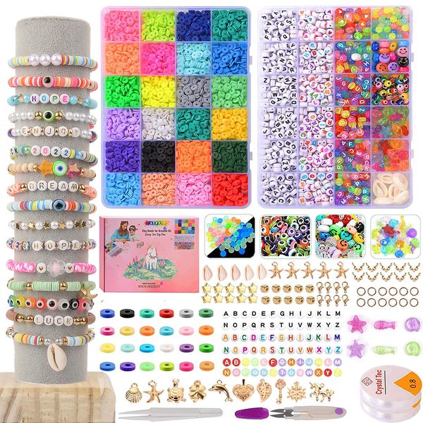 6600pcs Bracelet Making Kit 6mm 24 Colors Flat Round Polymer Clay Spacer Beads with Letter Beads Charms Elastic Strings for Jewelry Making DIY