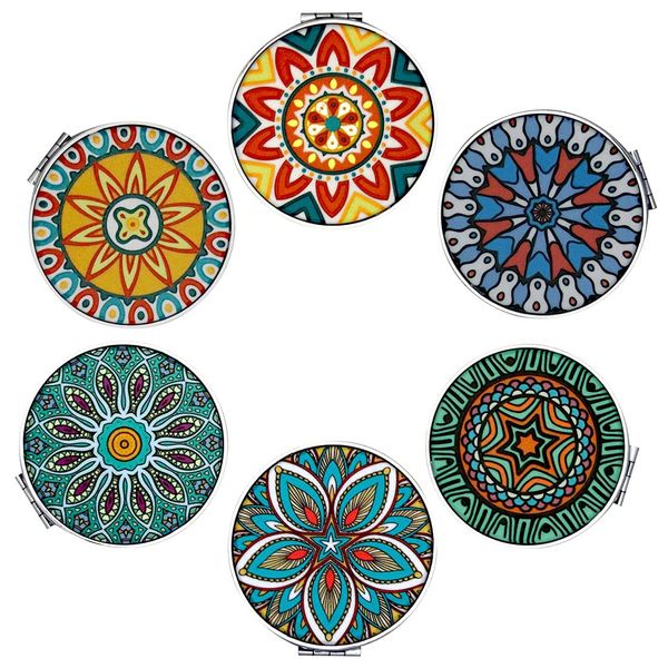 Beaufy Piccolo Ingrandito Specchio Compatto Ingrandimento 1x/2x Trucco Viaggio Ingranditore Pieghevole Portatilede Borsetta Borsa Specchi Mandala in Rilievo per Ragazza Donna Uomo Confezione da 6