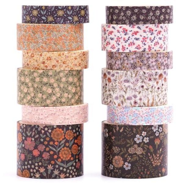 KAVI' S 12 Rollen Washi Tape Set Klebeband Papier Dekorativ Masking Tape Klebeband Bunt für Scrapbooking Handwerk Handwerk (Flowers Blooms)