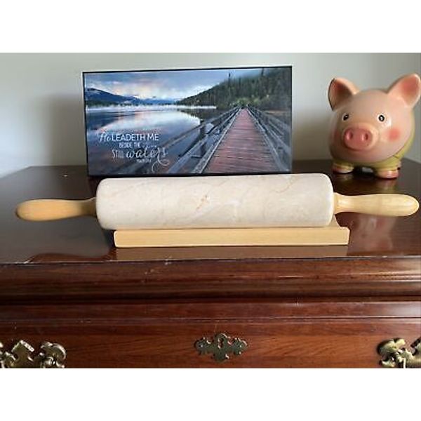 Granite Rolling Pin🥧10" Tan Colored Roller Wood  W/Handles Total 18"L and Stand