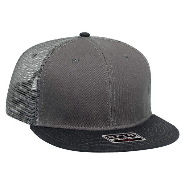 OTTO SNAP Cotton Twill Round Flat Visor 6 Panel Mesh Back Trucker Snapback - Blk/Ch.Gry/Ch.Gry