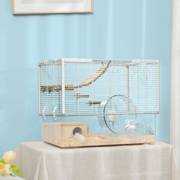 Hamster Cage, Gerbil Cage w/ Deep Bottom, Wooden Ramp, Hut, Exercise Wheel