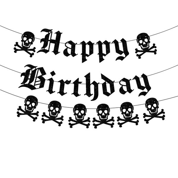 Gothic Happy Birthday Banner Black Glitter Old English Skull Garland Banner Funny Funeral Birthday Banner for Scream Party,20th 30th 40th Birthday,Gothic Birthday Decorations,Halloween Birthday Party