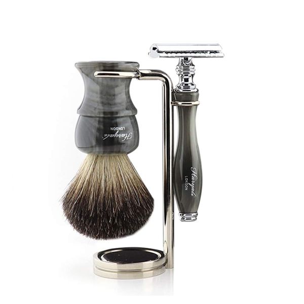 Haryali London Luxury 3Pc Mens Shaving Kit with Double Edge Safety Razor, Black Badger Hair Brush & Stand Gift Set for Men