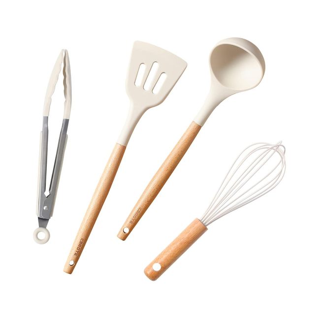 Carote Kitchen Tools Set, 4 Pieces, Silicone Cookware Set, Kitchen Utensils, Turner, Ladle, Tongs, Whisk, High Heat Resistant, Beige (Set of 4)