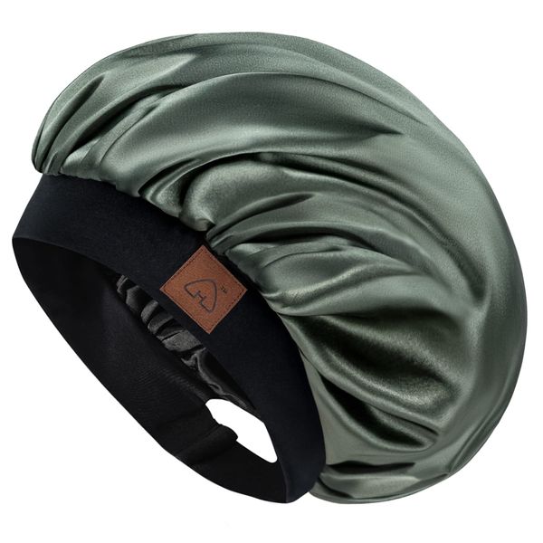 Hat Hut Satin Bonnet Silk Bonnet for Curly Hair Sleep Cap for Women Satin Hair Wrap for Sleeping, Wide Band, Double Layer (Olive Green)