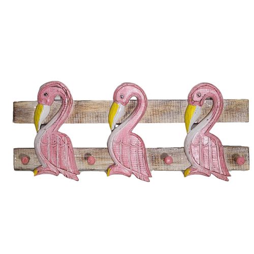 WorldBazzar Hand Carved Colorful Flamingo Birds Beach Towel Key Hanger Holder Surfboard Wooden Wall Hanging Art Sign Tiki Bar