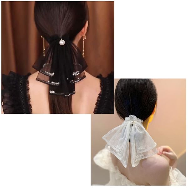 FASELE Ribbon Elastics, Set of 2, Dot Pattern, Lace, Volume, Hair Elastics, Maiden, Hair Cuffs, Hair Hooks, Beautiful, Neat and Cute, Femininity, Women's, Stylish (Pearl Included, 2-Piece Set)