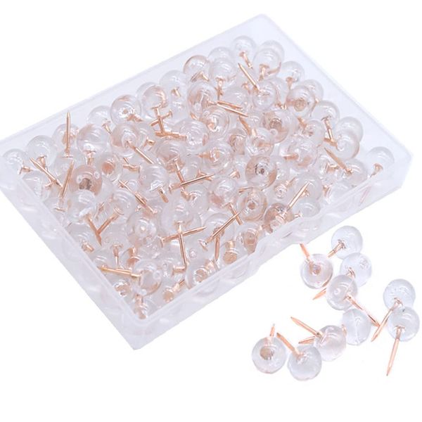 Thumb Tacks (Plastic + Metal/Approx. 100 Pieces/0.4 x 0.8 inches (10 x 20 mm)) Spherical Push Pins Plastic Push Pins Transparent Pink Gold Cute Thumb Pins for Dressmakers Stationery Push Pins Office