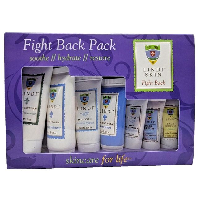Lindi Skin Fight Back Pack 7 Piece Travel Set Lotion Body Wash Face Serum Balm