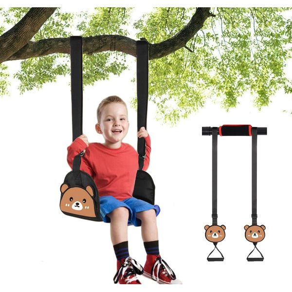 Swing Seat and Hanging Rings, Canvas Hanging Swing Seat with Adjustable Ropes, Secure Children Swing Set, Swinging Chair Rope Pullup Rings, Indoor Doorway Gym Set for Kids, 110 lbs Capacity (Bear)