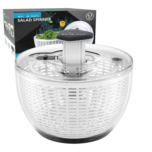 Salad Spinner Large Lettuce Spinner Kitchen Gadgets, Smile mom Large Salad Spinner 6.3 Qt One-Handed Handle Easy Press Super High Efficiency for Home Kitchen Washing & Drying Leafy Vegetables