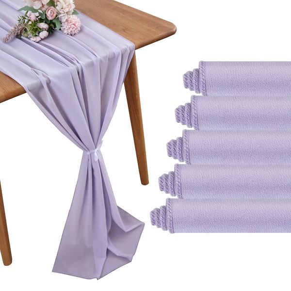 YUHX 5 Pack Chiffon Table Runner 29 x 120 Inches Long, Lavender Wedding Table Runners, Romantic Wedding Decor Party Banquets Decorations（Lavender,5 Pack）