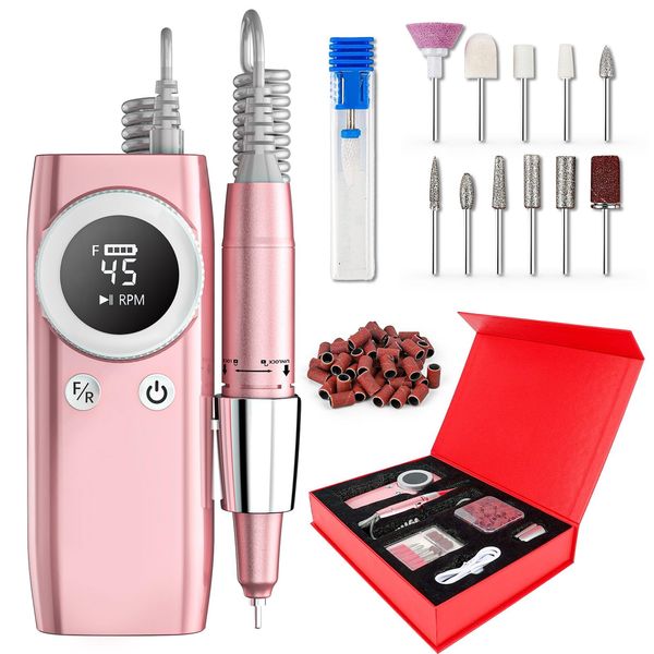 Professional Electric Nail Drill Machine, Hipsignal 45000 RPM Nail File for Acrylic and Gel Nails, Rechargeable Portable Manicure Pedicure Kit with 12 Drill Bits for Home Nail Salon, Gift for Women