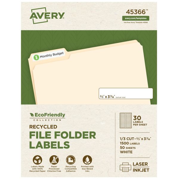 Avery EcoFriendly Recycled File Folder Labels, 2/3" x 3-7/16", White, Permanent Label Adhesive, 1,500 Printable Labels (45366)