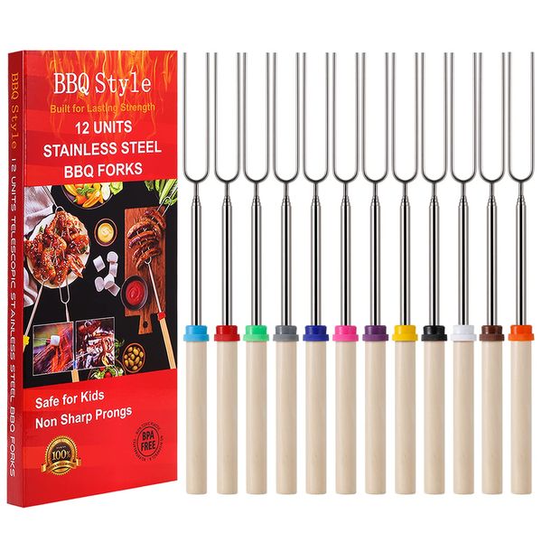 12 PCS Marshmallow Roasting Sticks, Telescoping Smores Sticks for Open Fire Pit, 32 Inch Long Marshmallow Toasting Barbecue Forks BBQ Smores Skewers for Campfire Camping Hotdog Hot Dog Bonfire Grill