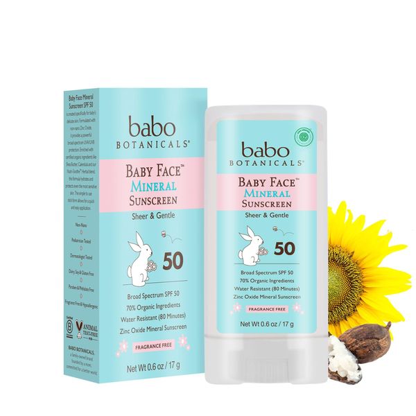 Babo Botanicals Baby Face SPF 50 Mineral Sunscreen Stick, 0.6 Ounce, 1 Count