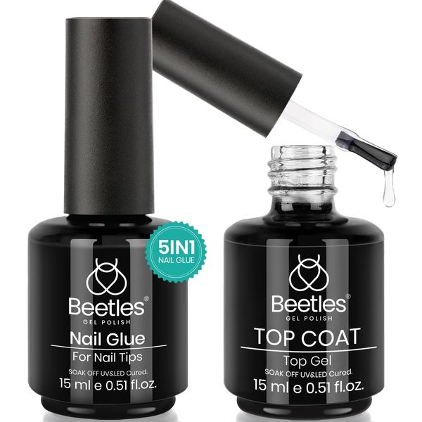 Beetles Gel Polish 2 in 1 Nail Glue and Base Gel Kit for Acrylic Nails, 2PCS 15ML Super Strong Brush On Nail Glue Gel And Top Coat for False Nails and Gel Nail Polish, UV/LED Lamp Required