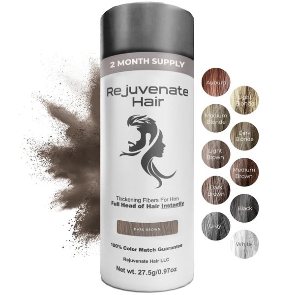 REJUVENATE Hair Fibers for Thinning Hair (Dark Brown), Undetectable Hair Powder for Men & 100% Natural Hair Building Fibers - Conceals Hair Loss - Bald Spot Cover Up Hair Powder, 2 Month Supply