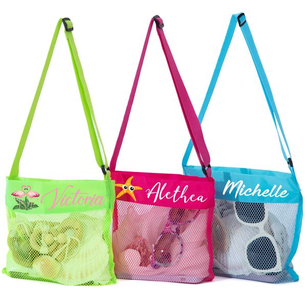 Flycalf Personalized Mesh Beach Bag for Kids Summer Sand Shell Pebble Collecting 3 Pack Outdoor Adjustable Carrying Straps Storing Summer Vacation Swimming Accessories