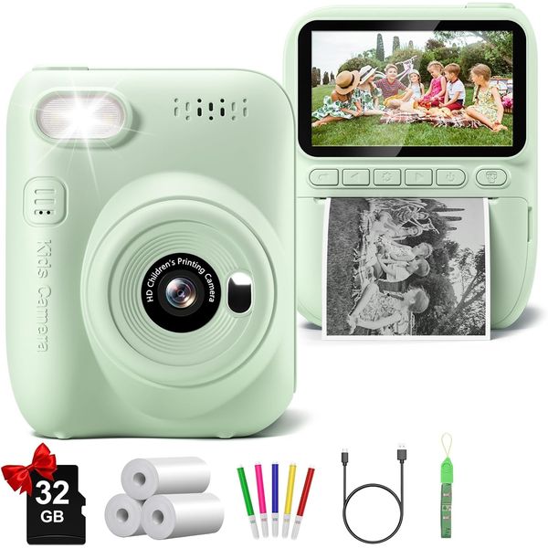 Kids Camera Instant Print, 3.0" HD 32MP Kids Camera 1080P Toddler Digital Camera with 3 Rolls of Printer Paper, Birthday Gifts Toy for 3-12 Year Old Girls Boys with 32GB SD Card-Green