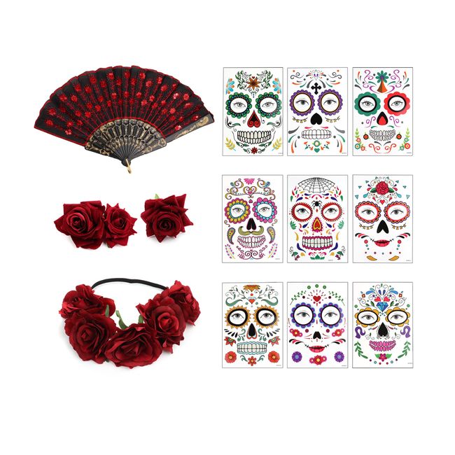 Kakonia Halloween Jewellery Set Rose Flower Crown Headband Hair Clip Hair Accessories Embroidered Sequins Fabric Handheld Folding Fan Temporary Tattoos Sticker for Halloween Cosplay Wedding Party