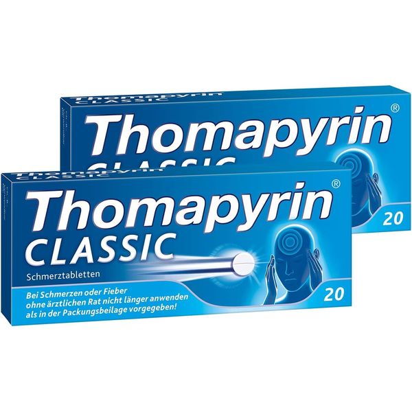 Thomapyrin Classic Schmerztabletten bei akuten Kopfschmerzen | Vorteilspack 2 x 20 Stk | Bewährte 3-fach Kombination aus ASS, Paracetamol und dem Wirkbeschleuniger Coffein | Wirkt nach ca. 14 Min