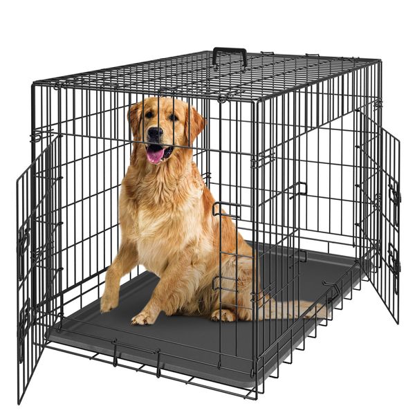 42" Dog Crate Folding Dog Kennel Metal Pet Dog Cage 2 Doors with Tray Pan Black