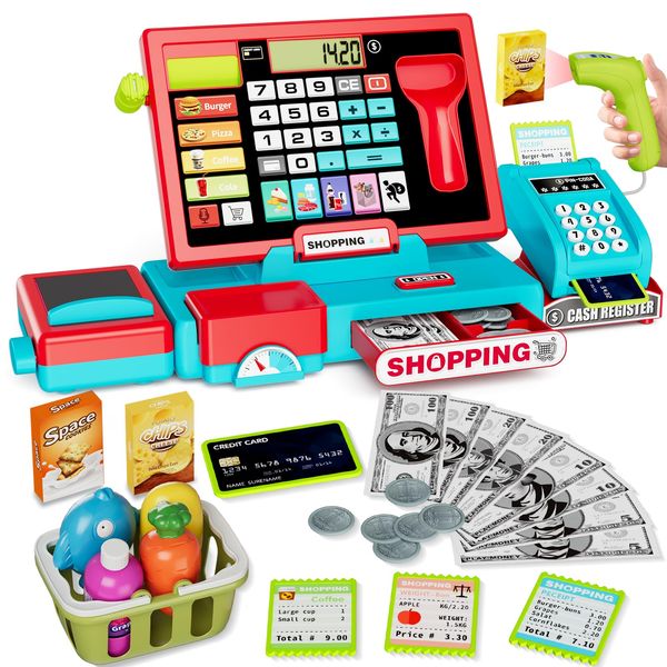 HYES Kids Cash Register Toy Playset with Real Calculator, Toddler Pretend Play Store incl Scanner/Credit Card/Play Money/Conveyor/Food Toys, Learning Toys Gifts for Boys Ages 4-8 8-12, Red