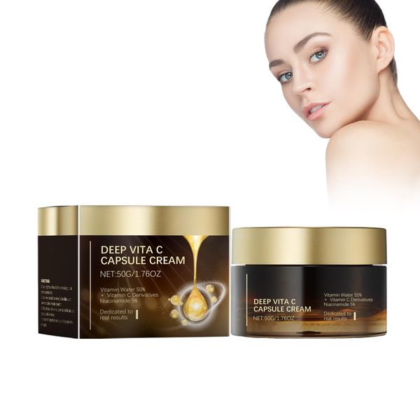 Deep Vitamin C-Creme, 50 G Vitamin-C-Kapselcreme Anti Aging Feuchtigkeits Hautstraffungs Und Aufhellungscreme, VC Gesichtsfeuchtigkeitscreme Für Dunkle Flecken, Falten, Ungleichmäßigen Hautton