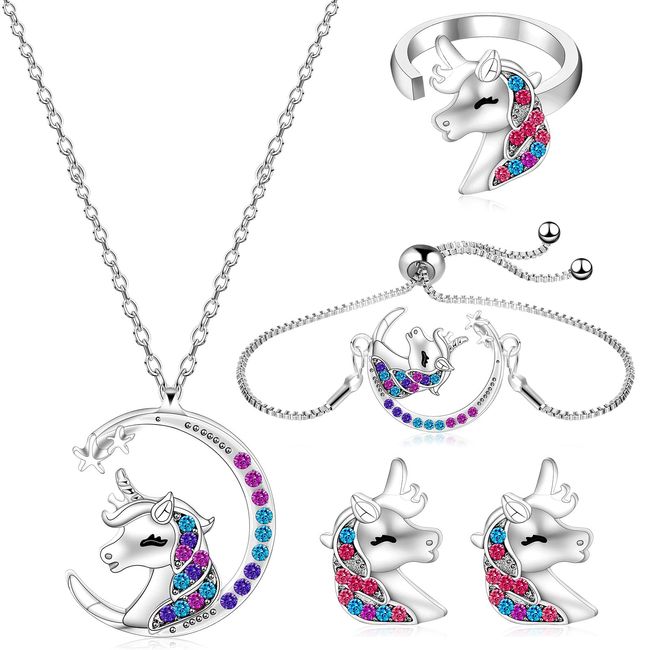 Mädchen Schmuckset für Kinder inklusive Mond Stern Einhorn Halskette Armband Ohrringe und Ring Einhorn Kinderschmuck Set für Tochter Enkelin Nichte Geburtstag Geschenke