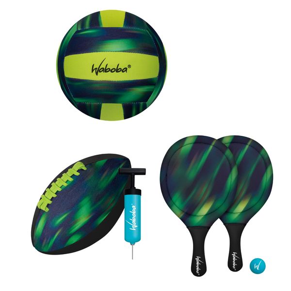 Waboba Sport Beach Pack – Includes 9 Inch Water Football, Beach Volleyball & Paddle Set – Perfect Summer Essential Bundle for Beach Games – Vacation Toys for Kids & Adults Ages 8 & Up – Green