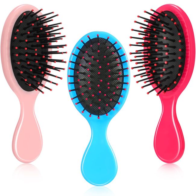 Nuenen 3 Pieces Mini Detangler Hair Brushes Small Wet Dry Hair Brush Travel Detangling Brushes Soft Bristles Pocket Child Hairbrush for Kids Women Girls for Most Hair Types (Blue, Pink, Plum Red)