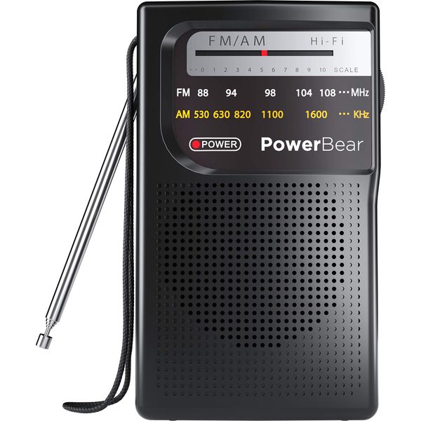 PowerBear Portable Radio | AM/FM, 2AA Battery Operated with Long Range Reception for Indoor, Outdoor & Emergency Use | Radio with Speaker & Headphone Jack (Black)