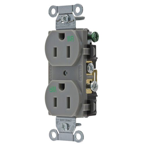 BRYANT Receptacle,Gray,15A,Duplex Outlet,125VAC