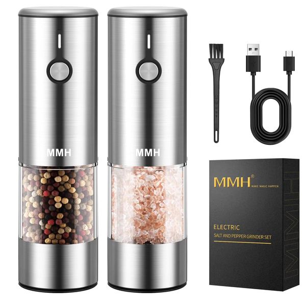 MMH [Upgraded 66g Large Capacity] Electric Salt and Pepper Grinder Set USB Rechargeable with 6-Level Adjustable Coarseness Stainless Steel Automatic Salt n Pepper Mill Grinders Refillable with light