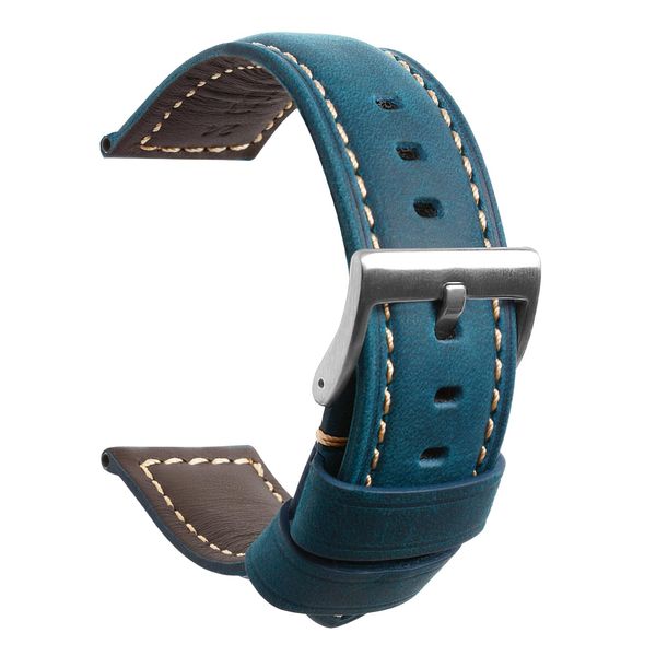 TStrap Leather Watch Straps for Men - Blue Vintage Soft Watch Bracelet Thickly - Padded Smart Watch Band with Clasp Buckle Replacement - 20mm 22mm 24mm