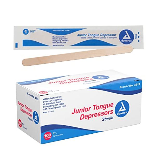 Dynarex Tongue Depressors, Sterile, 5.5" Junior-Sized Length, Made from Beige Birch Wood, Comes in Peel-Down Patches, 1 Box of 100