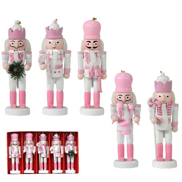 5pcs Wooden Nutcracker Ornaments,12cm Mini Pink Nutcracker Puppet,Painted Hanging Pine Wood Christmas Nutcracker Soldier Nutcracker Puppet Doll Pendant for Classic Traditional Tree Party Decoration