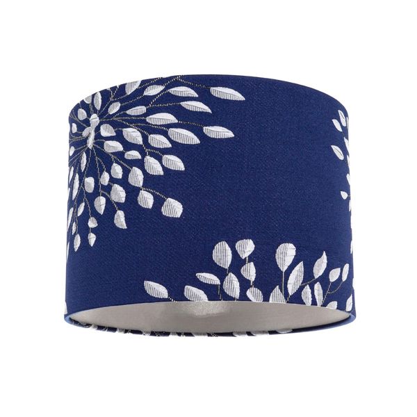 Modern 10inch Navy Midnight Blue Drum Lampshade with Off-White Floral Decoration in Jacquard Cotton Fabric | 18cm x 25cm | Silver Satin Lining by Happy Homewares