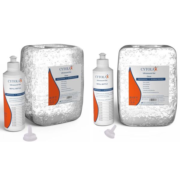 2X Cytolax 5L Ultrasound Gel with 250ml Refill Bottle | 5 Litre Clear Transmission Gel | Non Staining, UKCA CE Certified | 2X 5 Litre