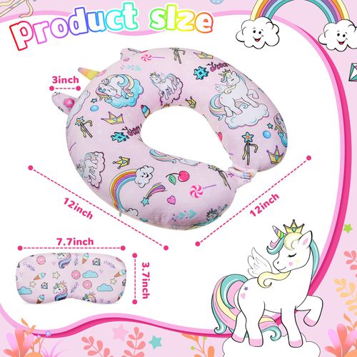 Thyle 2 Set Unicorn Neck Travel Pillow for Kids and Eye Mask Lightweight Travelling Sleeping Pillow Set for Airplane, Car, Train, Bus and Home Use Support Blindfolds
