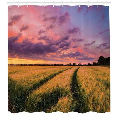Ambesonne Rustic Shower Curtain, Flowing Crop at The Sunset Morning in Nature Countryside Colorful Romantic Cloudscape Scene, Cloth Fabric Bathroom Decor Set with Hooks, 69" W x 70" L, Yellow Green