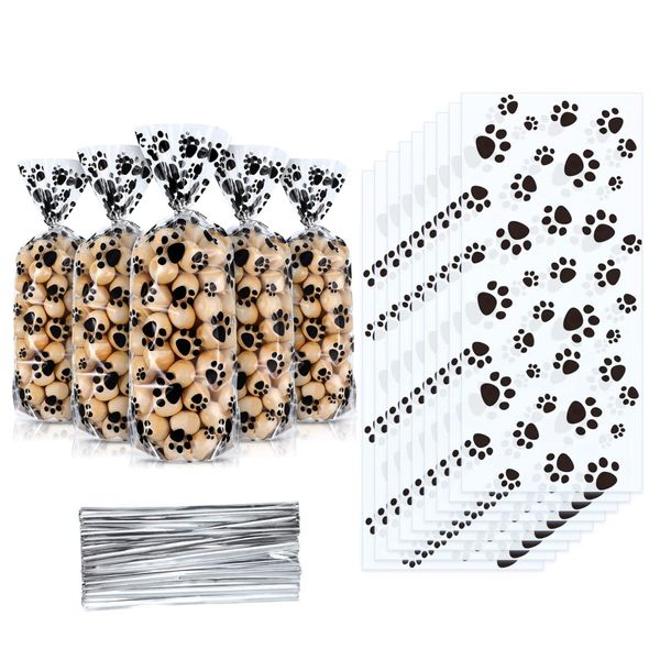 JZK 100 x Pet paw Print cellophane Bags with 100 x Silver Twist Ties Cookie Bags Party Treat Bags for Sweets Snacks Confetti for Wedding Birthday Christmas