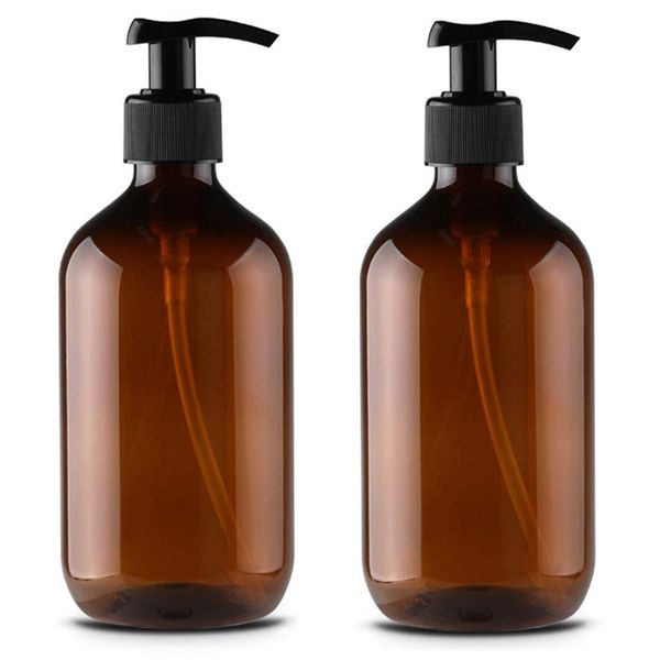 Alledomain 2PCS 500ml/17oz Empty Refillable Plastic Lotion Pump Bottles, Shampoo Body Washing Cream Shower Gel Storage Holder Container Toiletries Liquid Dispenser (Brown)